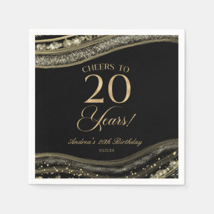 Elegante Black Gold Agate 20. Geburtstagsparty Serviette