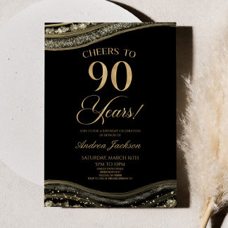 Elegante Black Gold Agate 90. Geburtstagsparty Einladung