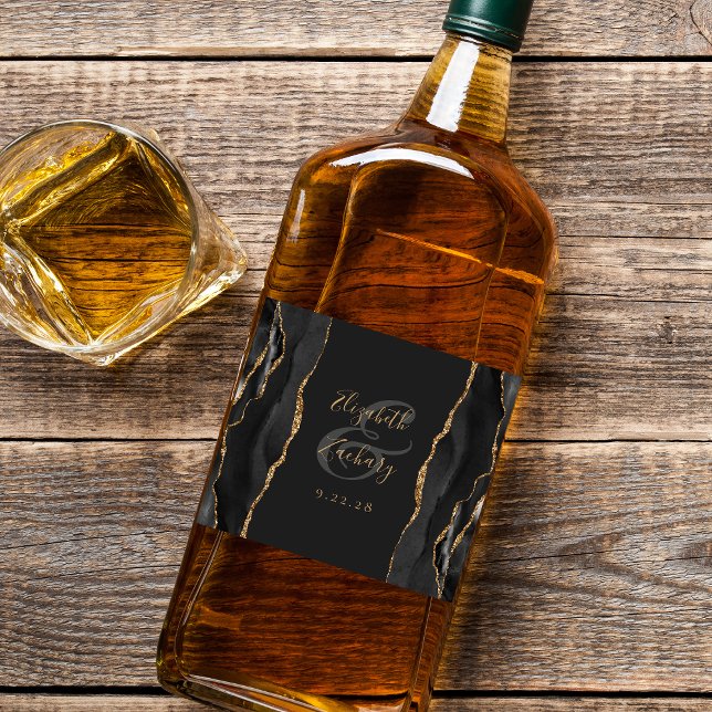 Elegante Black Gold Agate Dark Wedding Alkoholflaschenetikett (Von Creator hochgeladen)