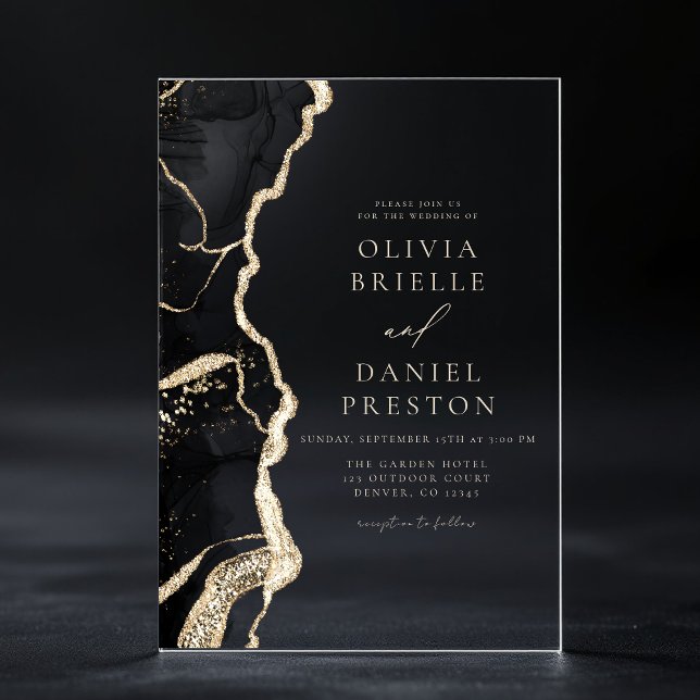 Elegante Black Gold Agate Hochzeit Eleganter Chic Acryleinladungen (Von Creator hochgeladen)