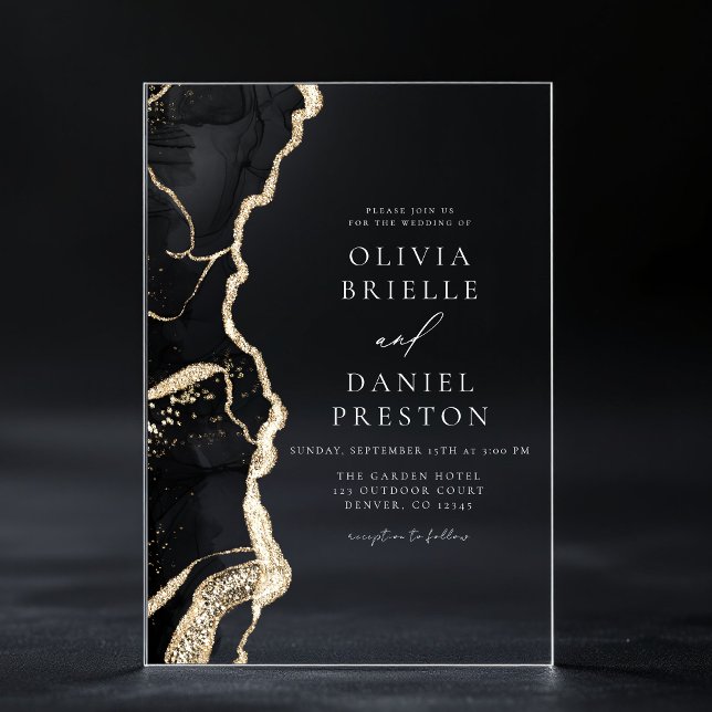 Elegante Black Gold Agate Hochzeit Eleganter Chic Acryleinladungen (Von Creator hochgeladen)