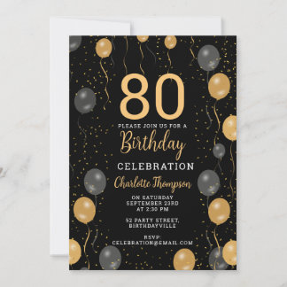Elegante Black & Gold Ballons 80. Geburtstagsparty Einladung