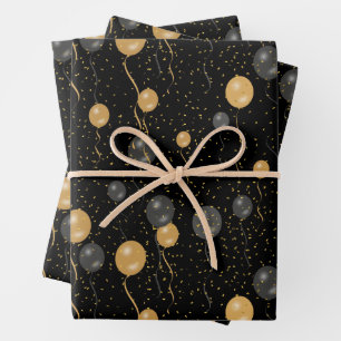 Elegante Black & Gold Ballons Geschenkpapier Set