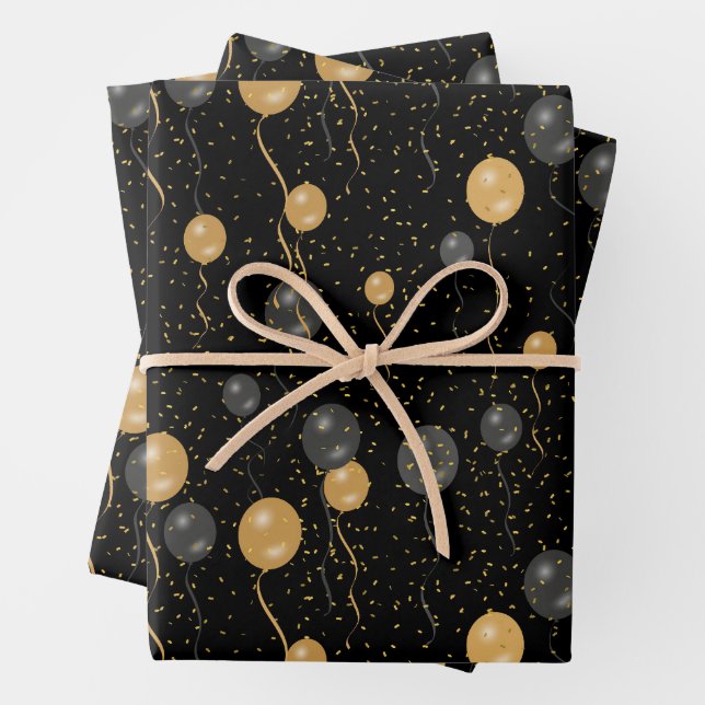 Elegante Black & Gold Ballons Geschenkpapier Set (Beispiel)