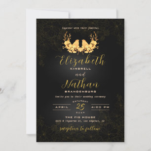 Elegante Black & Gold Birds Blumenhochzeit Einladung