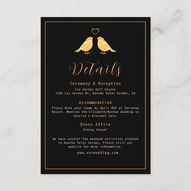 Elegante Black & Gold Birds Hochzeitdetails Begleitkarte (Vorderseite)