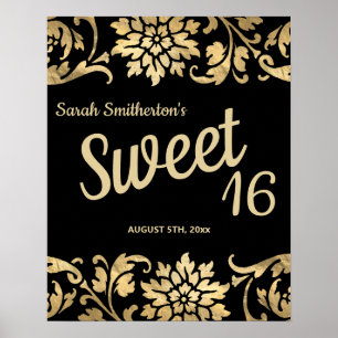 Elegante Black Gold Blume Sweet 16 Geburtstag Poster