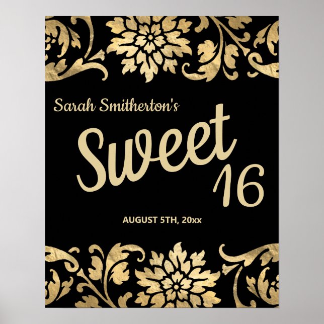 Elegante Black Gold Blume Sweet 16 Geburtstag Poster (Vorne)