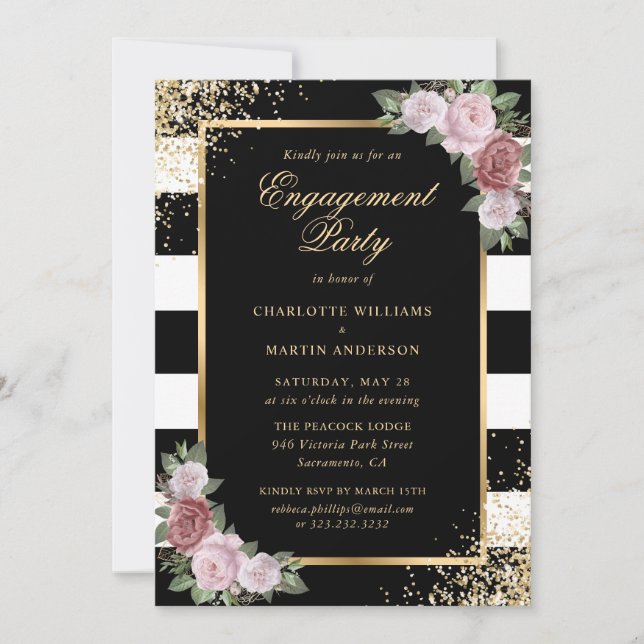 Elegante Black Gold Blush Floral Engagement Party Einladung (Vorderseite)