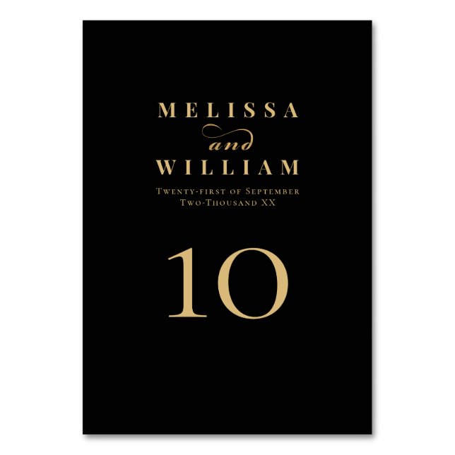 Elegante Black Gold Bride & Groom Wedding Tischnummer (Vorderseite)