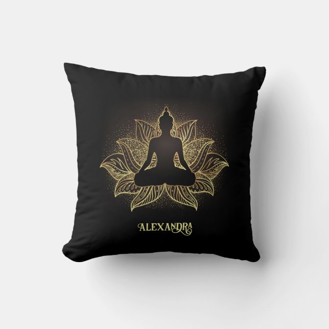Elegante Black Gold Buddha Lotus Blume Meditation Kissen (Vorderseite)