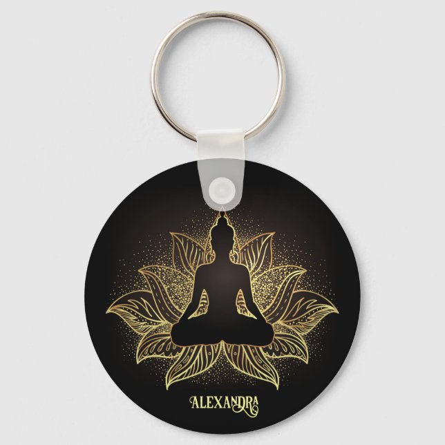 Elegante Black Gold Buddha Meditation Lotus Blume Schlüsselanhänger (Vorderseite)