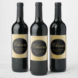 Elegante Black Gold Calligraphy Cheers Wedding Weinetikett