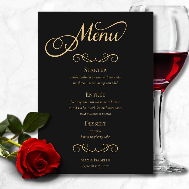 Elegante Black Gold Calligraphy Script Wedding Menükarte (elegant black and gold calligraphy script menu for wedding dinner, rehearsal dinner engagement party)