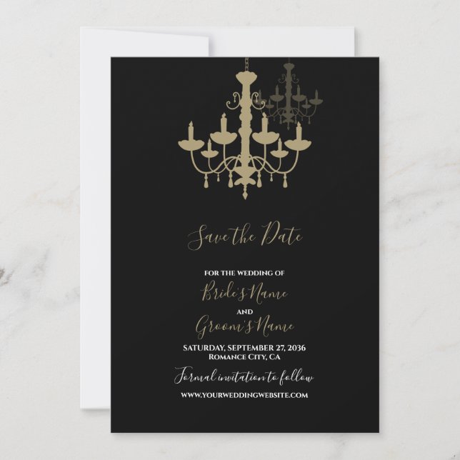 Elegante Black Gold Chandelier Wedding Save The Date (Vorderseite)