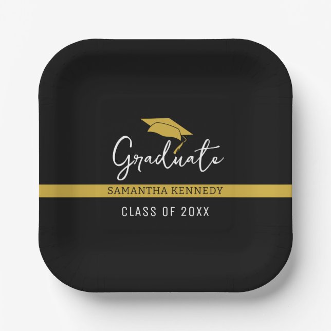 Elegante Black & Gold Class 2025 Graduation Cap Pappteller (Vorderseite)