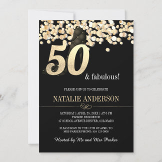 Elegante Black Gold Confetti 50. Geburtstagsparty Einladung