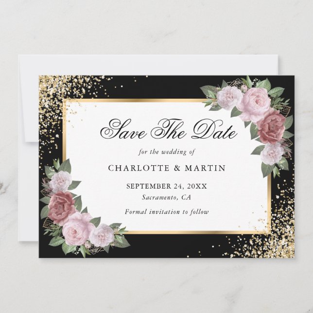 Elegante Black Gold Confetti Blush Floral Wedding Save The Date (Vorderseite)