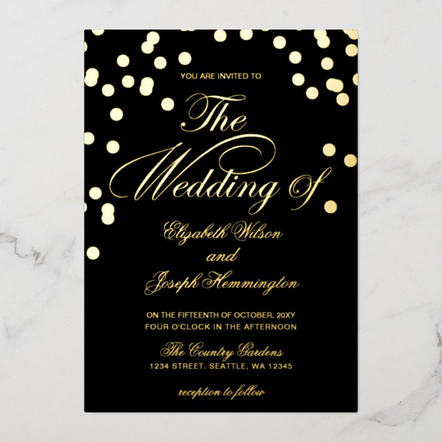 Elegante Black Gold Confetti Wedding Folieneinladung (Vorderseite)