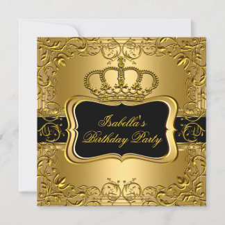 Elegante Black Gold Crown Floral Geburtstagsparty  Einladung