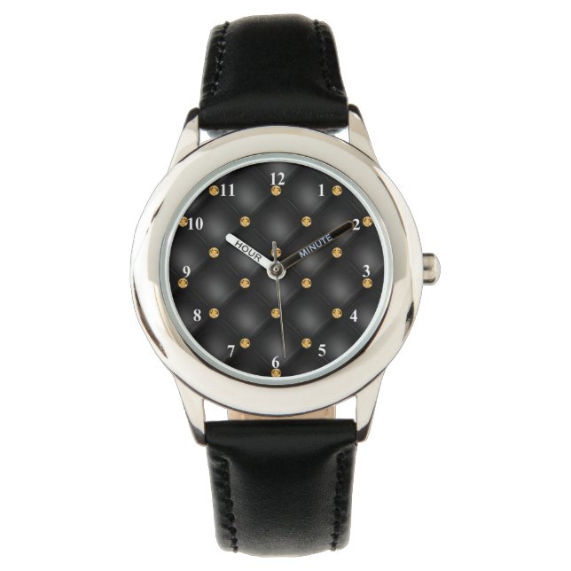 Elegante Black Gold Diamond Tufted Watch Armbanduhr (Vorderseite)