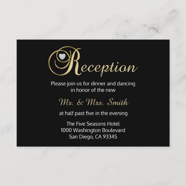 Elegante Black Gold Diamond Wedding RECEPTION Card Begleitkarte (Vorderseite)