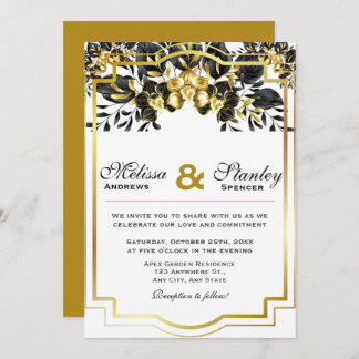 Elegante Black Gold Eucalyptus Geometric Wedding Einladung