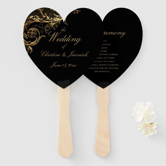 Elegante Black Gold Floral Damask Script Hochzeit Fächer (Vorne und Hinten)