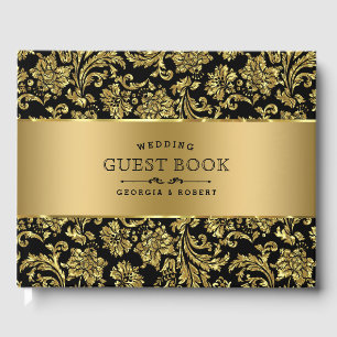 Elegante Black & Gold Floral Damasks Gästebuch