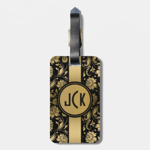 Elegante Black & Gold Floral Damaskus 3 Monogravie Gepäckanhänger