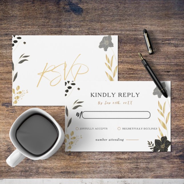 Elegante Black Gold Floral Elegantes Hochzeitssemb Mitteilungskarte (Elegant Black Gold Floral Elegant Wedding RSVP Note Card)