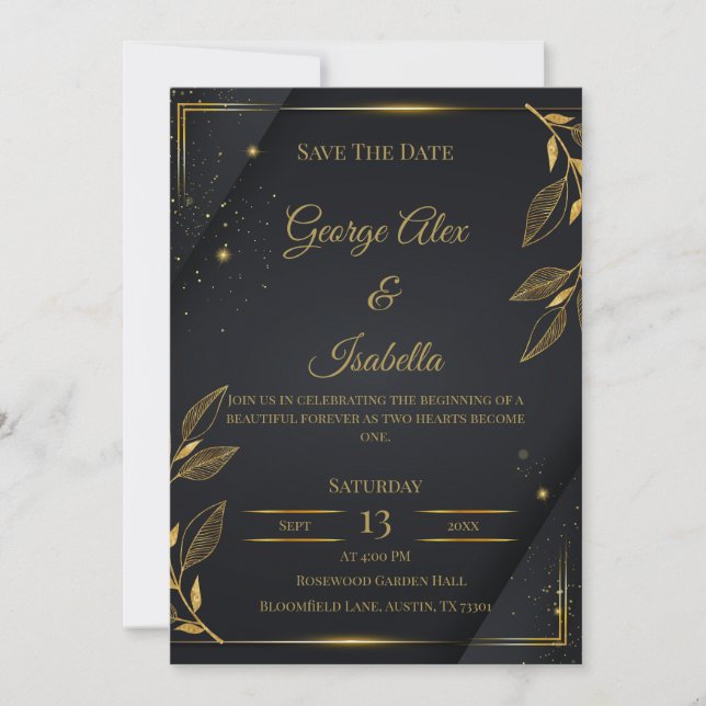 Elegante Black & Gold Floral Save the Date Card (Vorderseite)