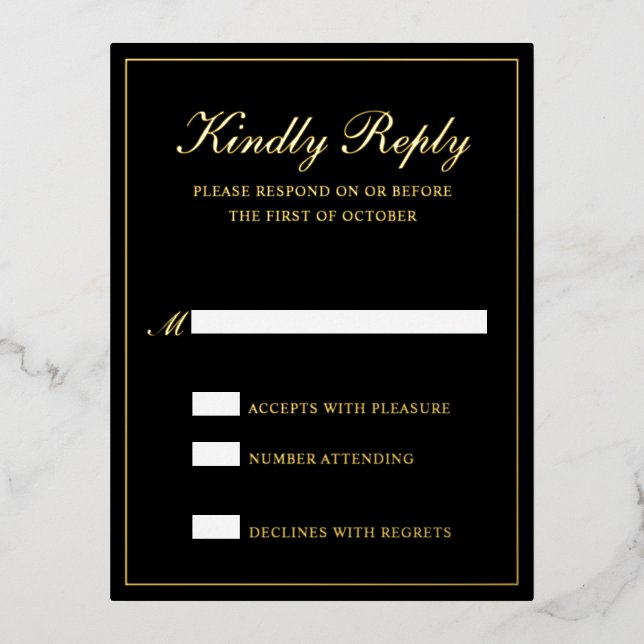 Elegante Black Gold Foil Formal Wedding RSVP Card Folie Einladungspostkarte (Vorderseite)