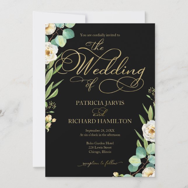 Elegante Black Gold Foil Script Grüne Hochzeit Einladung (Vorderseite)