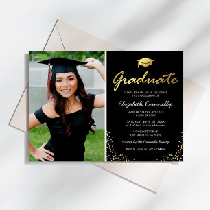 Elegante Black Gold Foto Graduation Party Einladung