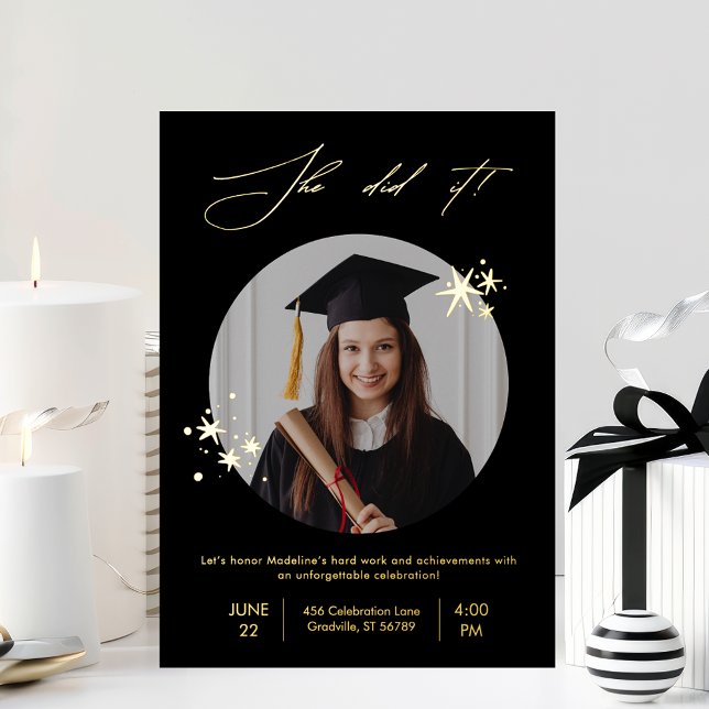 Elegante Black Gold Foto Graduation Party Folieneinladung (Von Creator hochgeladen)