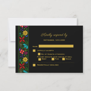 Elegante Black Gold Latin American Floral Wedding RSVP Karte