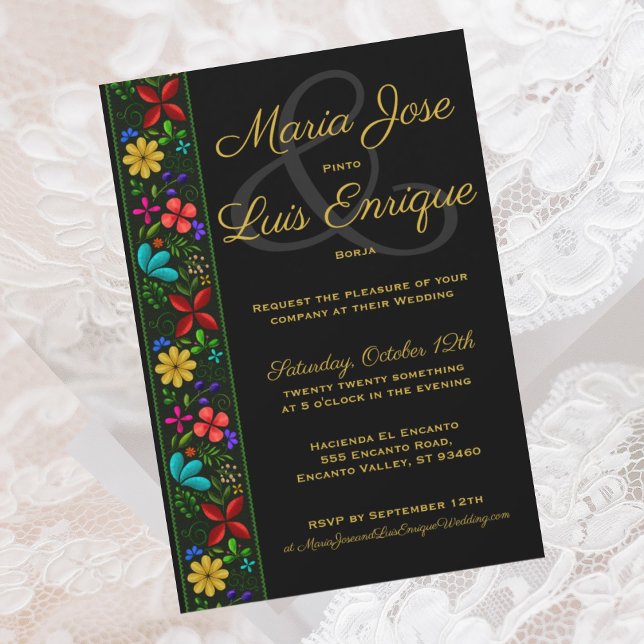 Elegante Black Gold Latin Folk Floral Wedding Einladung (Von Creator hochgeladen)