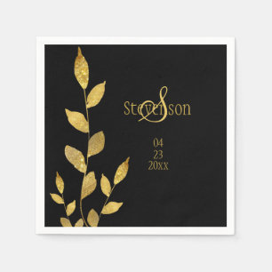 Elegante Black Gold Leaf Moderne Monogram Wedding Serviette