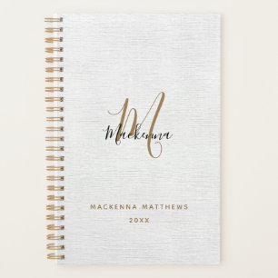 Elegante Black Gold Linen Moderne Monogram Name Planer