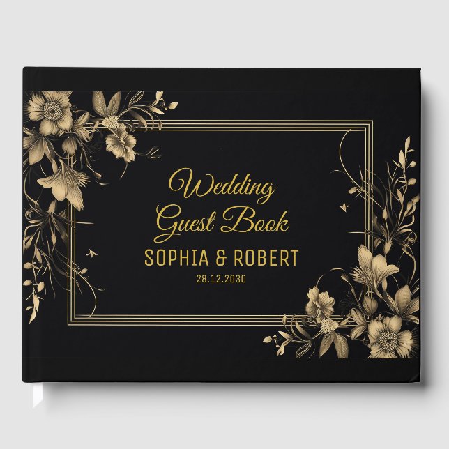 Elegante Black Gold Luxury Script Moderne Hochzeit Gästebuch (Vorderseite)