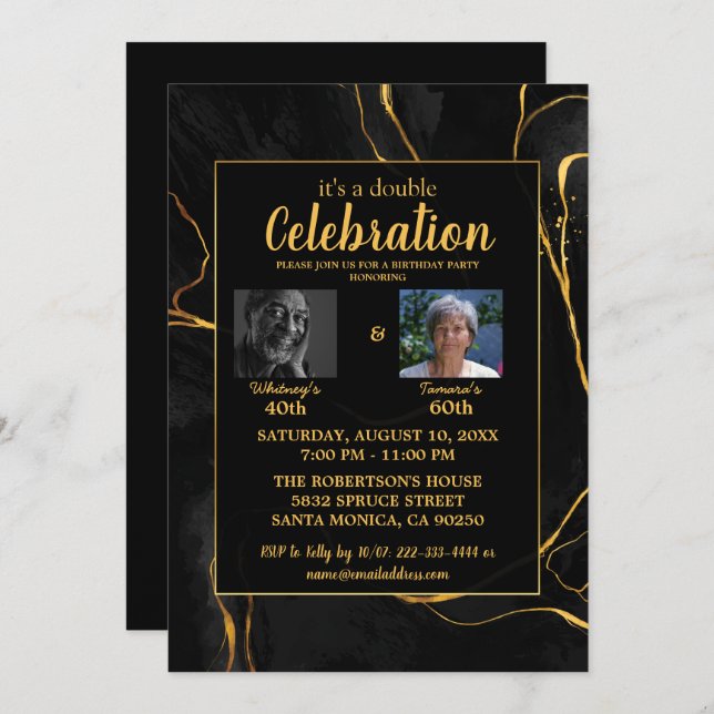 Elegante Black & Gold Marble Geburtstagsparty Einladung (Vorne/Hinten)