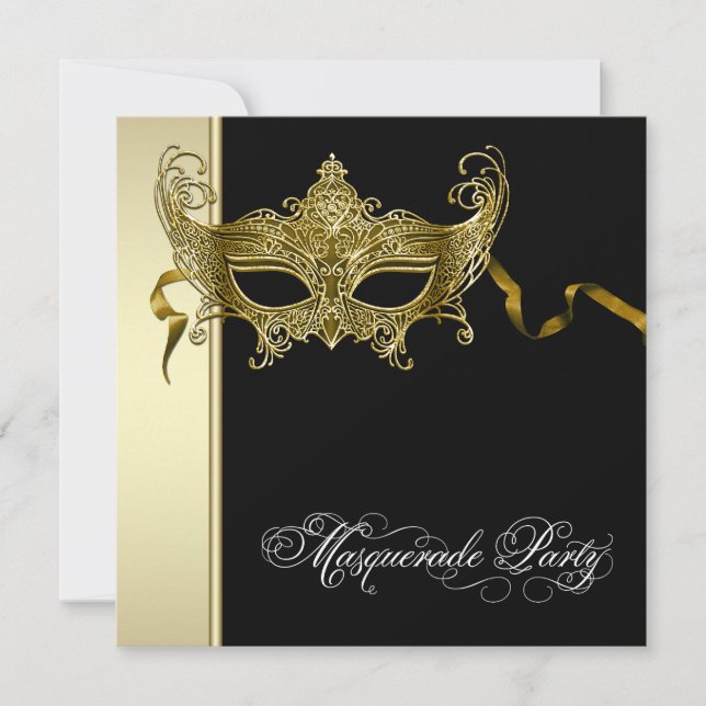 Elegante Black Gold Masquerade Party Einladungen (Vorderseite)