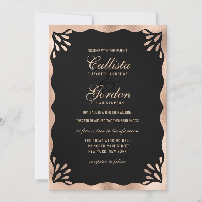Elegante Black Gold Metallic Wavy Border Wedding Einladung (Vorderseite)