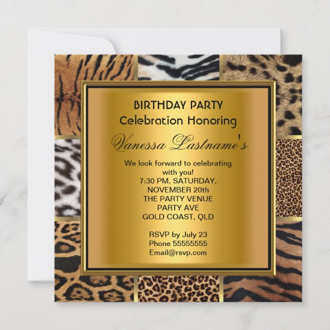Elegante Black Gold Mixed Animal Birthday Party Einladung (Vorderseite)