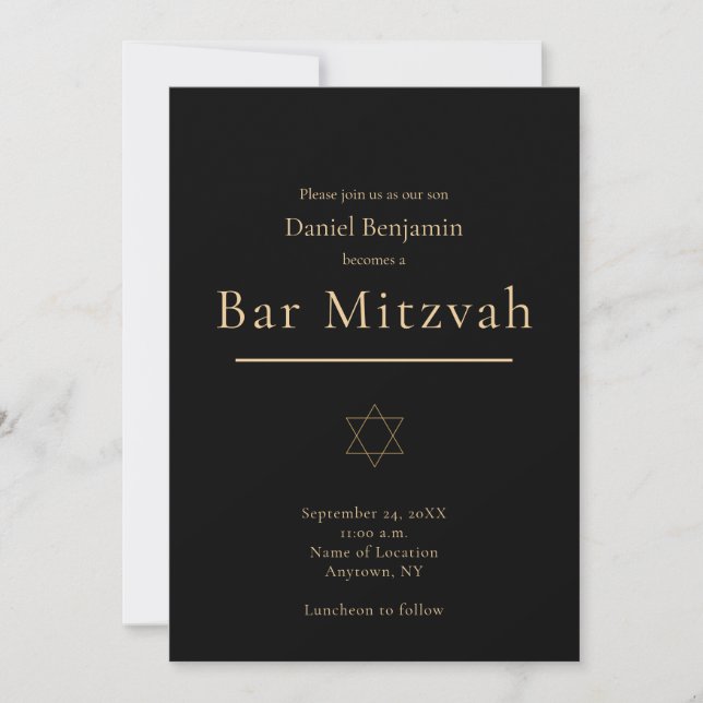 Elegante Black Gold Moderne Bar Mitzvah Einladung (Vorderseite)
