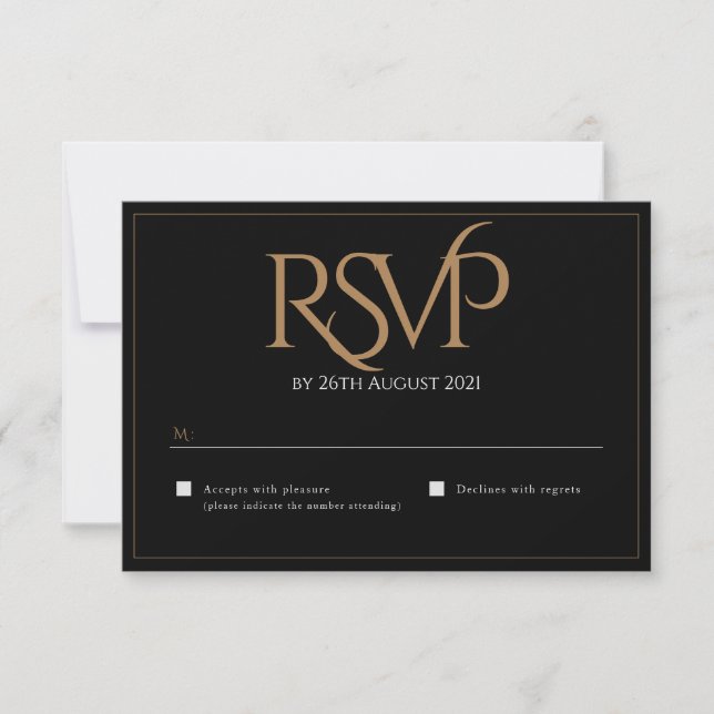 Elegante Black Gold Moderne Script Monogram Weddin RSVP Karte (Vorderseite)