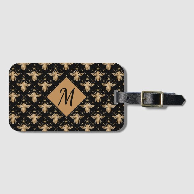 Elegante Black Gold Monogram Bee Gepäckanhänger (Vorderseite (Horizontal))