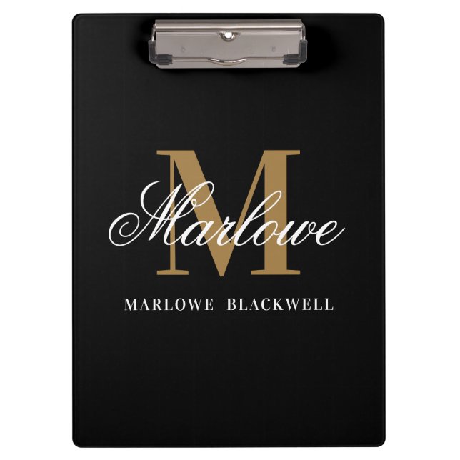 Elegante Black Gold Monogram Calligraphie Klemmbrett (Vorderseite)