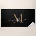 Elegante Black Gold Monogram Feminine Girly Script Strandtuch<br><div class="desc">Elegantes Black Gold Monogram Feminine Girly Script Beach Handtuch</div>